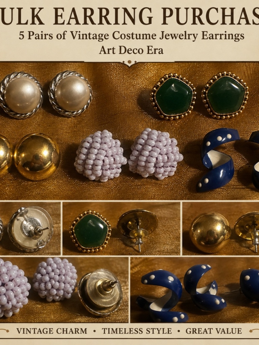 Vintage Costume Jewelry Earrings – Lot of 5 Pairs – Retro/Art Deco Style – Great